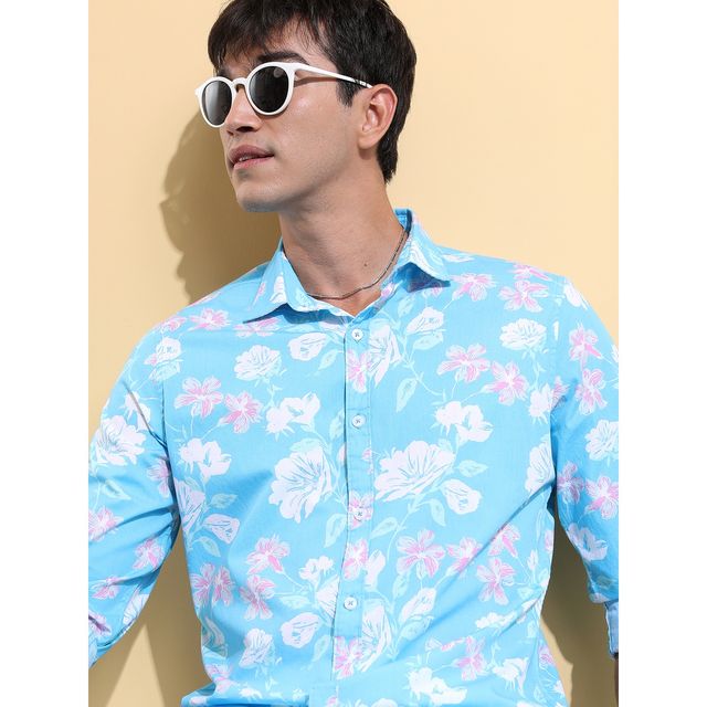 Ketch Men Floral Printed Spread Collar Cotton Slim Fit Casual Shirt | Blue | XL