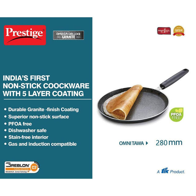 Prestige Omega Deluxe Omni Tawa Granite Non-Stick Round Base, 28 Cm (Black)