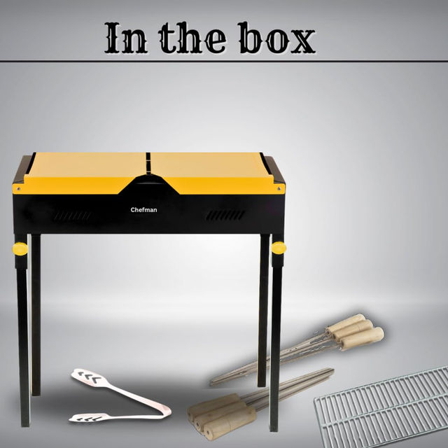 Chefman Flip Charcoal BBQ Grill | 8 Skewers | Adjustable Legs | Side Open | Black and Yellow