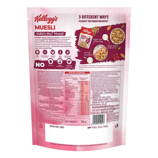 Kellogg's Crunchy Fruit & Nut Breakfast Cereals Muesli(750 gms) & Epigamia Blueberry Greek Yogurt(90 gms) Combo