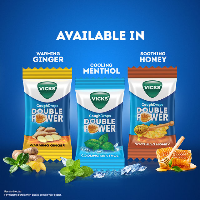 Vicks Cough Drops Double Power (Ginger). Bigger Drop With 2X Ayurvedic Mix, 25 Lozenges