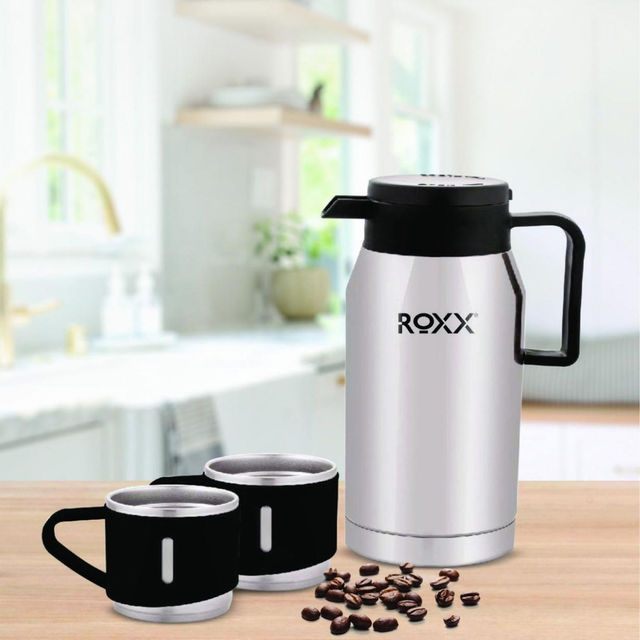 Roxx Aroma Insulated Set | 4.6 L Flask + 2 Mugs | Double-Wall Insulation | BPA-Free | Black