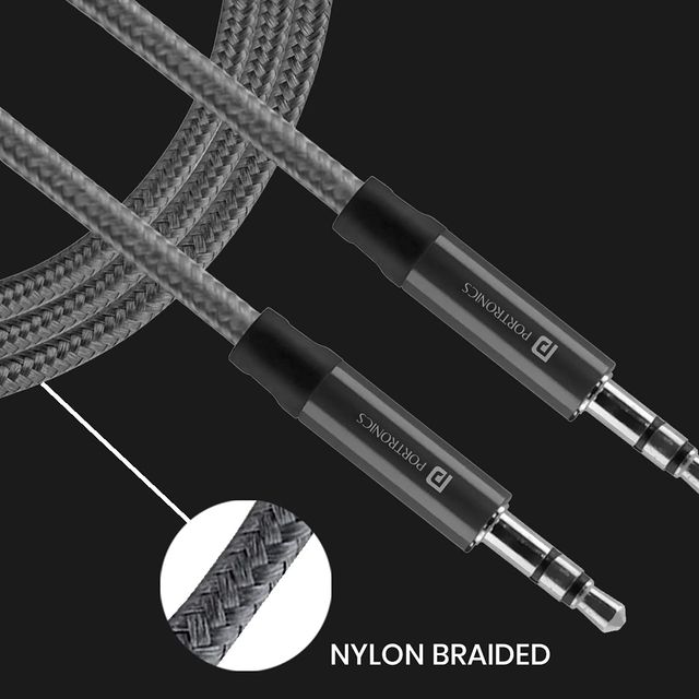 Portronics AUX Cable - Grey | 1.5 m | Braided