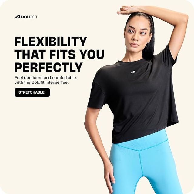 Boldfit Women's Training T-shirt Cropped Relax Fit Active Workout Quick Dry | Black - XL