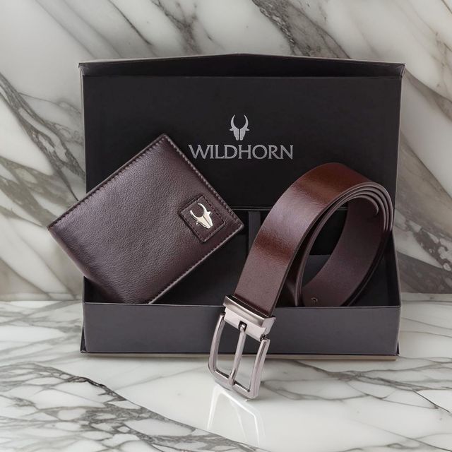 Wildhorn Men's Solid Leather Wallet and Belt Combo | Brown - Free Size