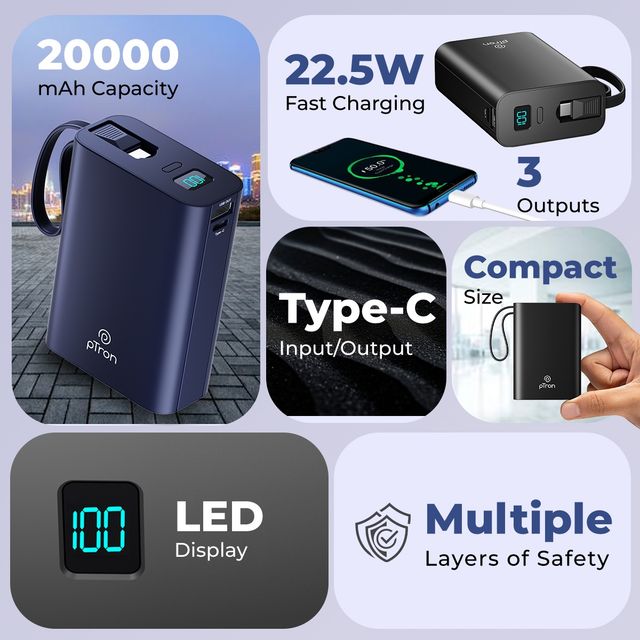 pTron Dynamo Uliterima 20000Mah Nano Power Bank With 22.5W Superfast Charging | Type-C/Pd - Black