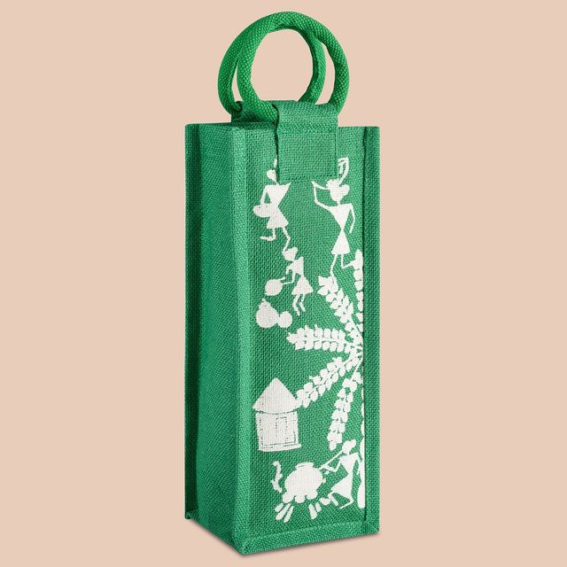 Jute Cottage Carry Bag - Bottle Bag Warli Print | Eco-friendly | Stylish | Green | 14 x 5 x 4.5