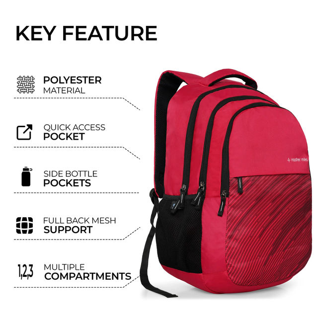 Nasher Miles Wave Backpack- Unisex- 3 Compartment Casual College Bag- Red- 45L