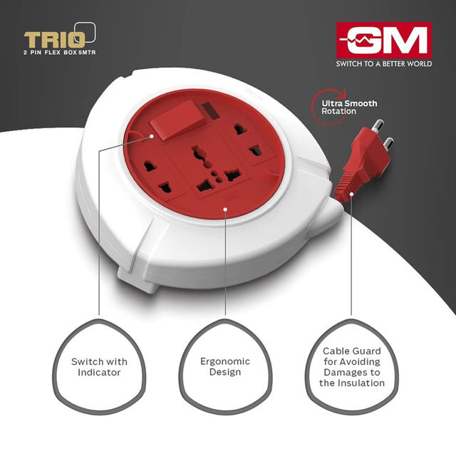 GM 3041 Trio 2 Pin Flex Box 5 Mtr. with Indicator & International Socket