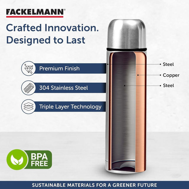 Fackelmann Sip Up Insulated Bottle 1000ml Stainless Steel Premium Finish Sleek Design, 48 Hrs 1.0 PIECE