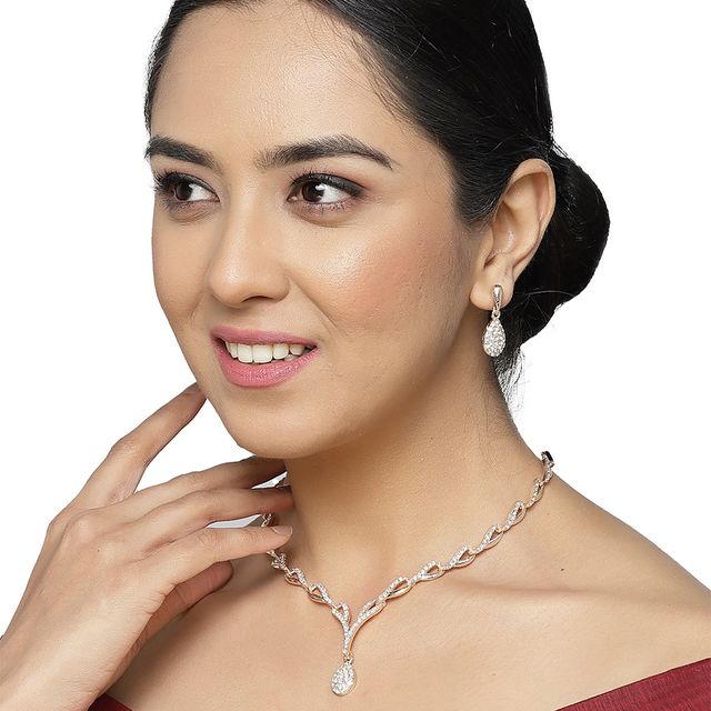 Zeneme Gold-Plated Cubic Zirconia Studded Teardrop Shaped Jewellery Set For Women & Girls