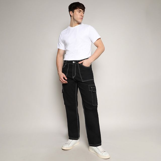Campus Sutra Men's Contrast Stitched Cargo Denim Jeans | Black - 34