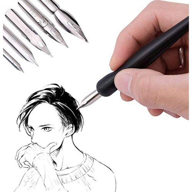 Chrome Manga Calligraphy Dip Pen Set With Universal Nib Holder And 5 Nibs