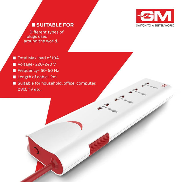 GM 3060 E-Book 4 + 1 Power Strip Red & White Colour 250 Volts with Master Switch, Indicator, Safety Shutter & 4 International sockets, Extension Cord for Home Appliances