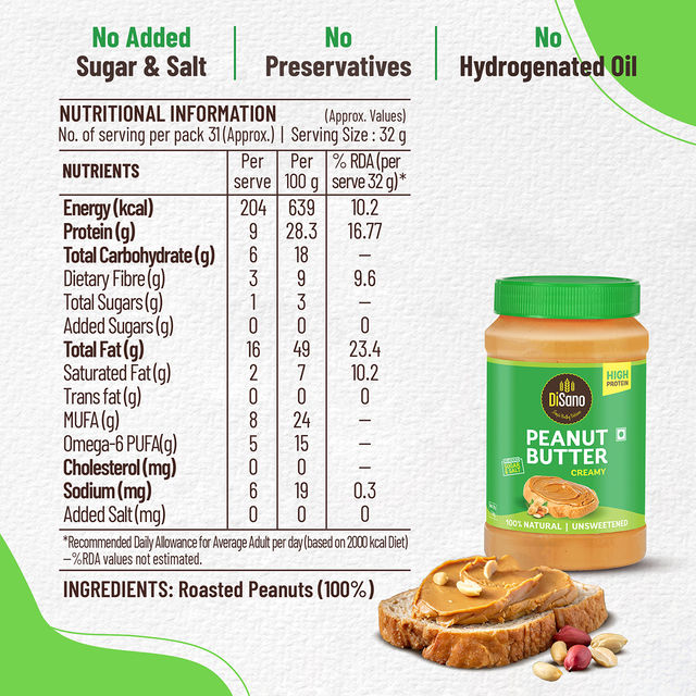 DiSano Natural Peanut Butter - Creamy, Unsweetened, 28.3% Protein, No Added Sugar,100% Peanut