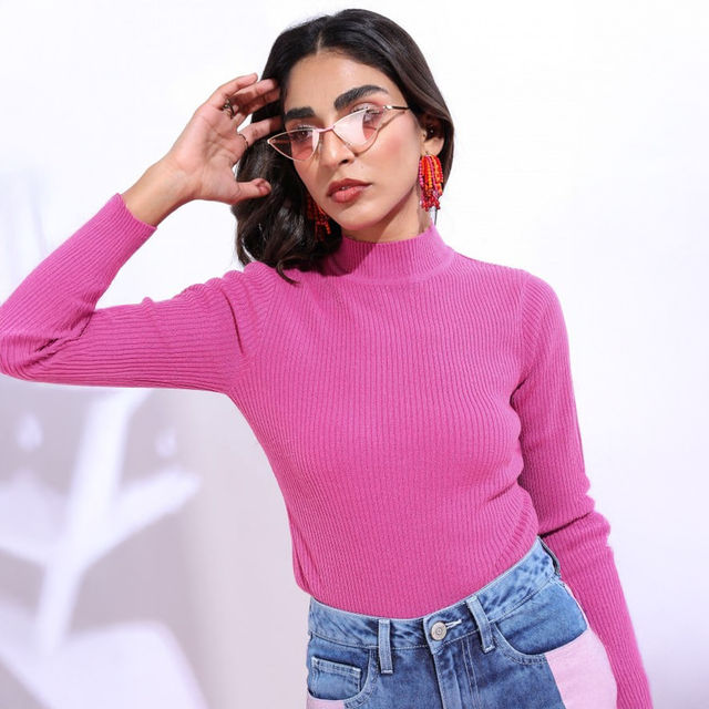 epine ❤︎ rib knit high neck pink Buy Women Pink Rib Full Sleeves High Neck Sweater Online at Best