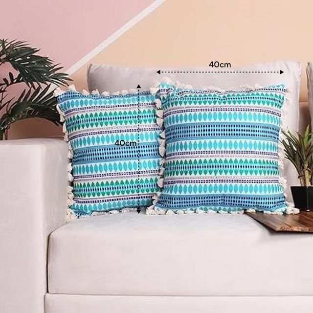 STITCHNEST Acrylic Striped Cushion Cover with Lace Set of 2 (16 x 16 Inches)