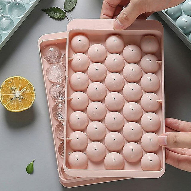 Clazkit Plastic Mini Round Ice Cube Tray with Lid 33 Cavity Pack of 2