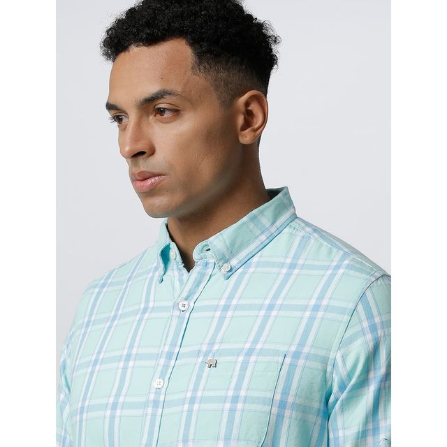 The Bear House Men Slim Fit Checked Button-Down Casual Shirt - Joan | Blue | L