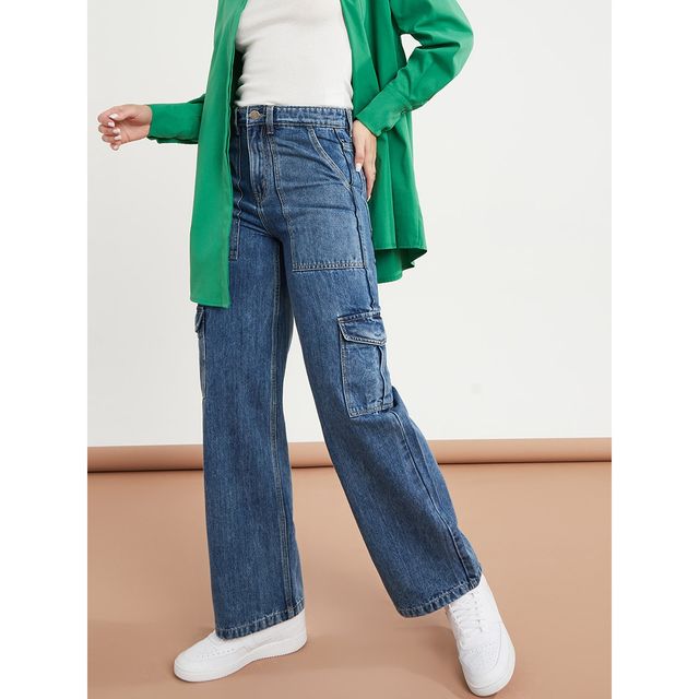Styli Women's Wide Leg Jeans with High Rise and Cargo Pocket | Blue - 34