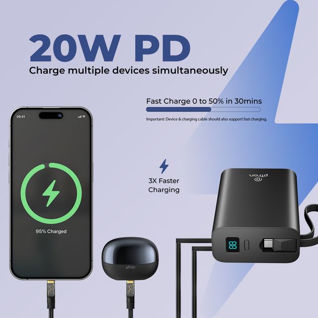 pTron Dynamo Uliterima 20000Mah Nano Power Bank With 22.5W Superfast Charging | Type-C/Pd - Black
