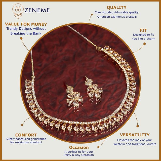 Zeneme Gold Plated American Diamond Modern Necklace Set | Multi-Piece Set