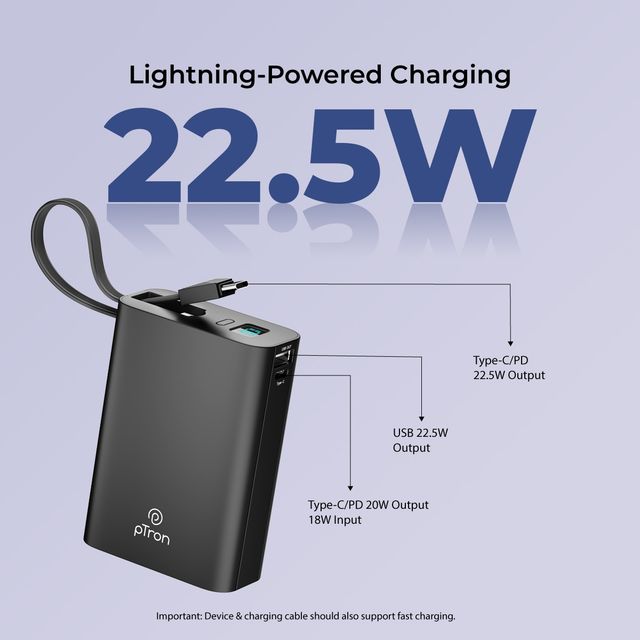 pTron Dynamo Uliterima 20000Mah Nano Power Bank With 22.5W Superfast Charging | Type-C/Pd - Black