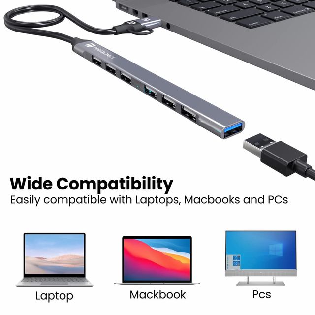 Portronics Mport 7 USB Hub (7-in-1), Multiport Adapter with Dual Convertible USB Type C Heads Grey