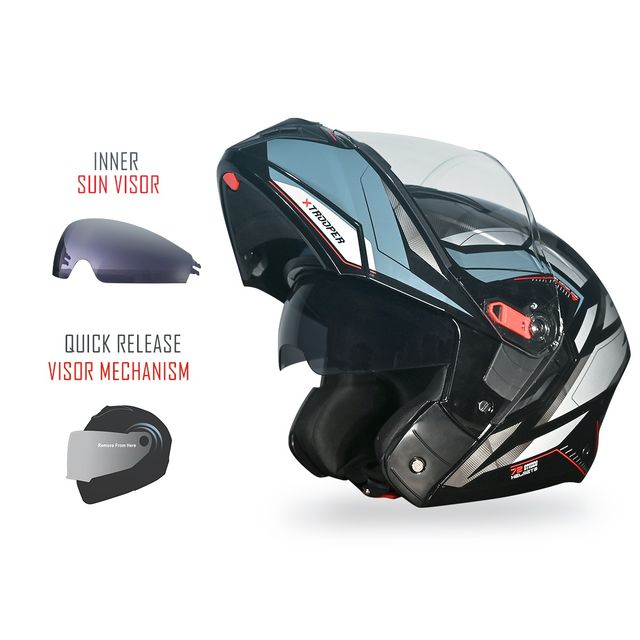 Studds Trooper D2 ISI-DOT CertifiedFlip-up Helmet with Dual Visor |Black N4 - XL