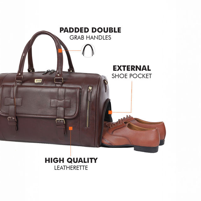 Fur Jaden Brown Vegal Leather 36 L Weekender Duffle with Shoe