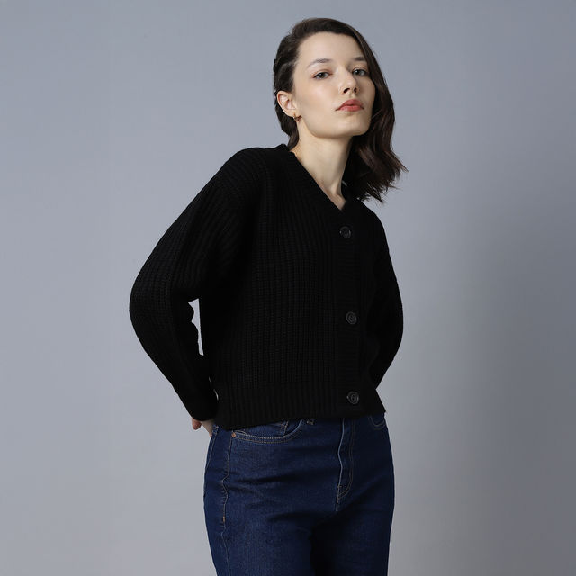 Buy High Star Women's Ribbed Acrylic Cardigan | Black - L Online