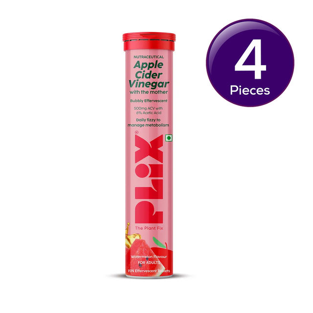 Plix Apple Cider Vinegar Effervescent for Weight Loss (Juicy Watermelon) - Pack Of 1 15 pc X 4 Combo