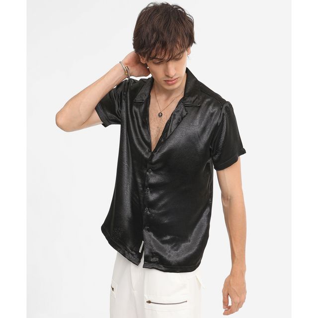 Campus Sutra Men's Solid Satin Shirt | Midnight Black - S