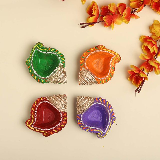 Shruti Creations Leaf Decorative Clay Diya - Set Of 4