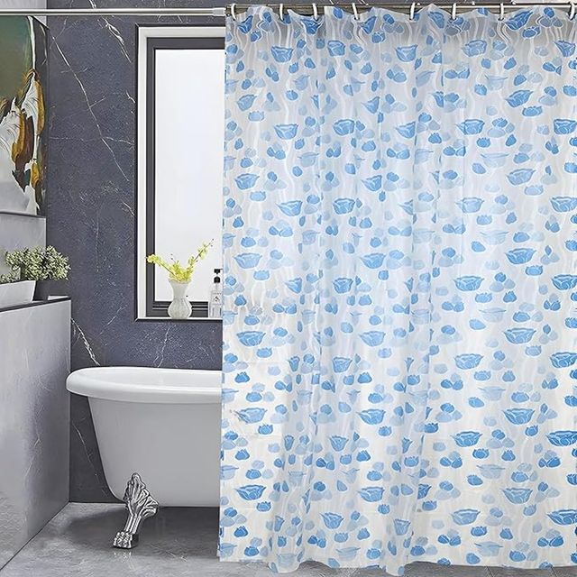 Kuber Industries PVC Floral Shower Curtain with Hooks | Size Standard (Blue) | Washable | Pack of 1