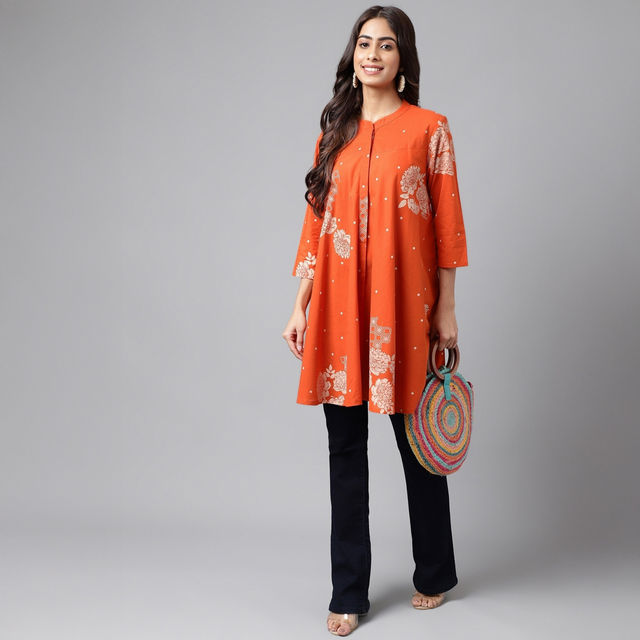 Janasya Women s Orange Pure Cotton Floral Printed Flared Tunic