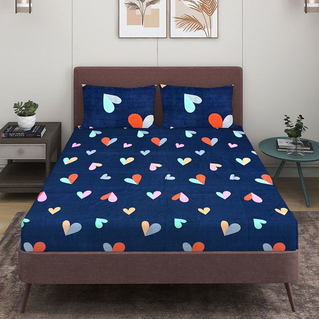 Romee Blue 160 TC 1 Queen Bedsheet with 2 Pillow Covers