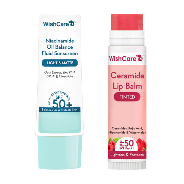 Wishcare Niacinamide Oil Balance Spf50 Light  Matte Fluid Sunscreen With Oats (50g) & Wishcare Ceramide Tinted Lip Balm With Spf50 Pa+++ (5g) Combo
