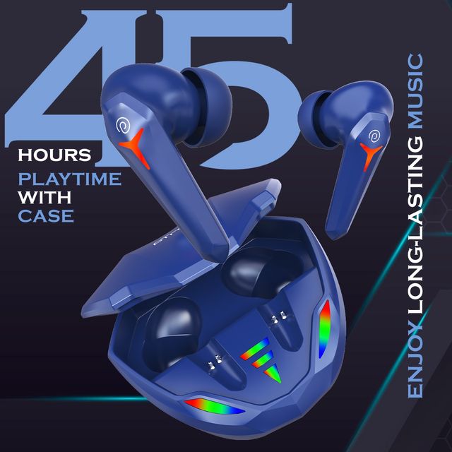 pTron Bassbuds Razer TWS Earbuds | 40ms Gaming | 45H Playtime | AI-ENC Calls & Deep Bass - Blue