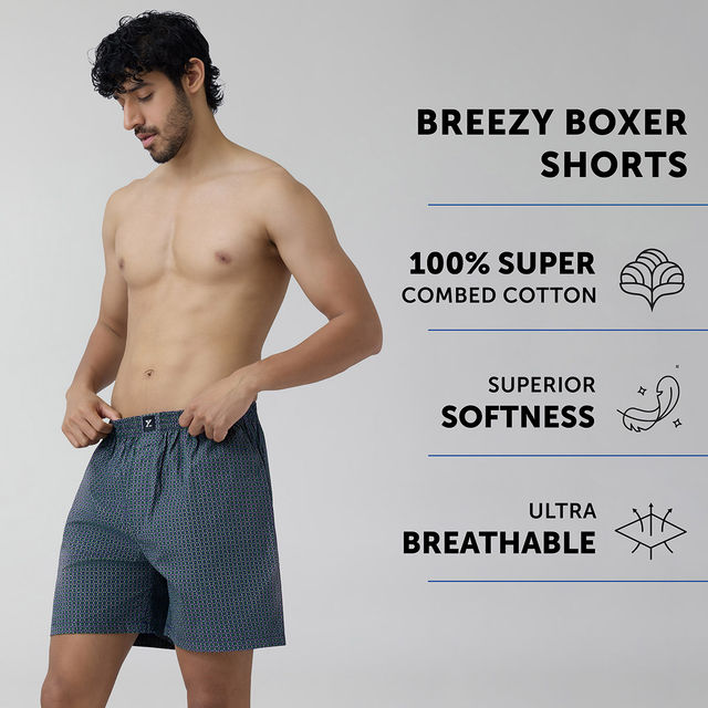XYXX Astor IntelliEaze 100% Combed Cotton Printed Boxer | Back Pocket | Hexagon- L