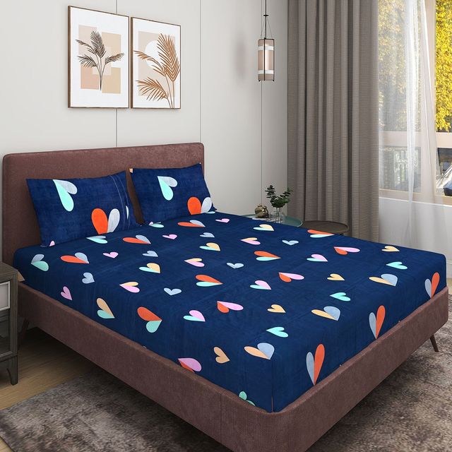 Romee Blue 160 TC 1 Queen Bedsheet with 2 Pillow Covers