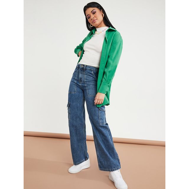 Styli Women's Wide Leg Jeans with High Rise and Cargo Pocket | Blue - 34