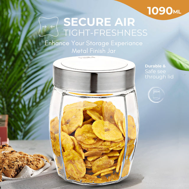 Yera Premium Glass Jar With Steel See-Thorugh Lid 1 Pc 1090 Ml (Each) Barrel Shaped