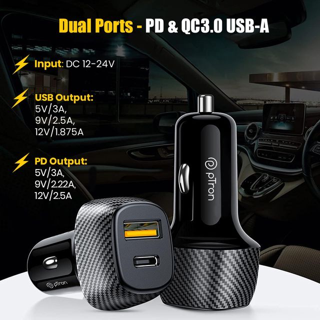 pTron Bullet Zip 52.5W Car Charger For Samsung, Apple, MacBook, iPad, Oppo, OnePlus - Black
