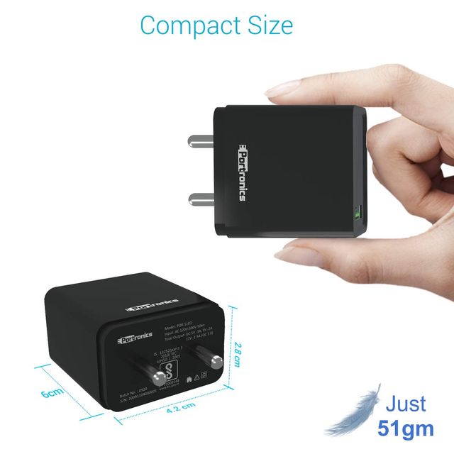 Portronics Adapto One 3.0 A Single Port Wall Adapter With Quick Charge | Connector Type - USB