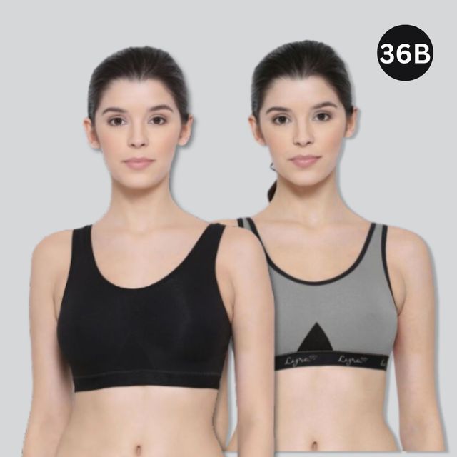 Lyra Women's Sports Bra Non Padded | Black and Grey - 36B