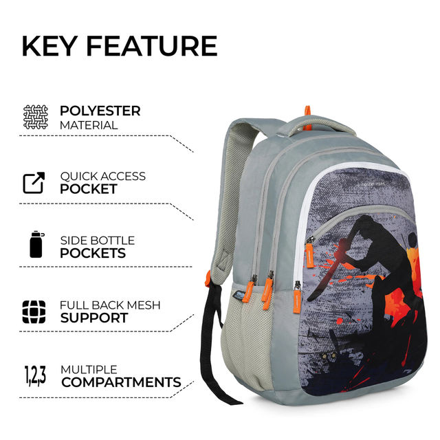 Nasher Miles Cricket Backpack- Unisex- 3 Compartment Casual College Bag- Grey- 45L