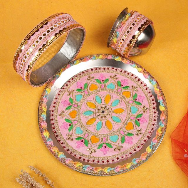 Sanskriti Pink Handcrafted Designer Pooja Thali Kalash Set
