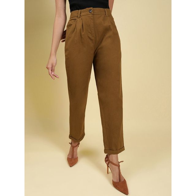 Freehand Women's Casual Regular Pleated Pants - Ginger Bread | Solid | 30