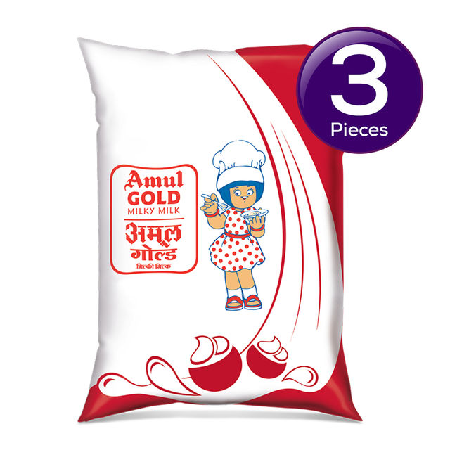 Amul Gold Full Cream Fresh Milk (Pouch) 1 l X 3 Combo